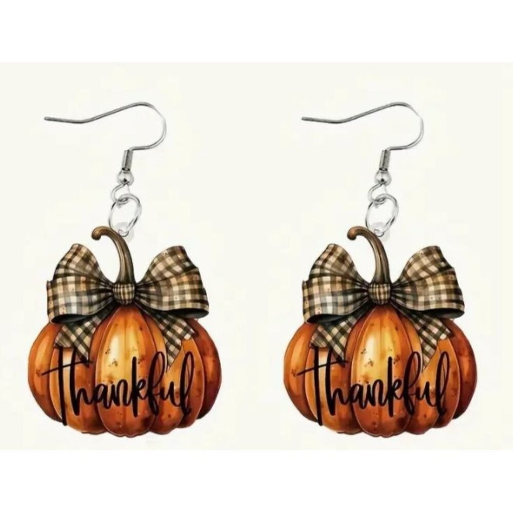 Thankful Thanksgiving Fall Pumpkin‎ Earrings With Plaid Bow NEW